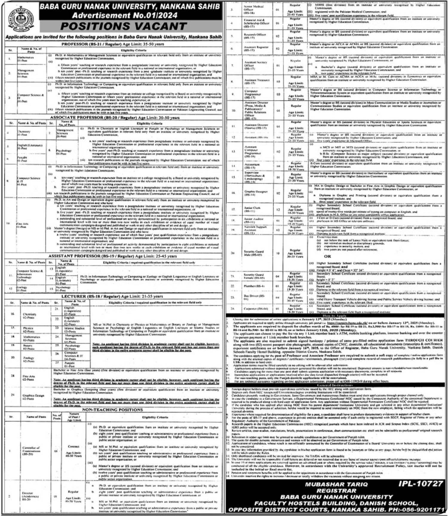 Latest Baba Guru Nanak University Nankana Sahib Jobs 2025