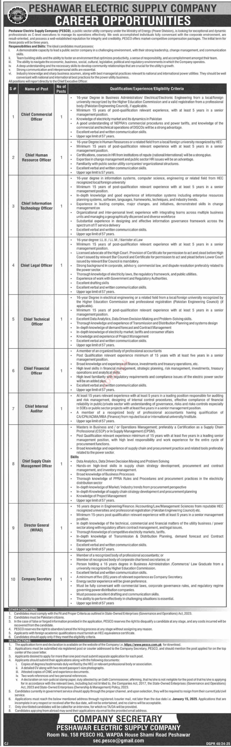 Latest Peshawar Electric Supply Company PESCO Jobs Peshawar