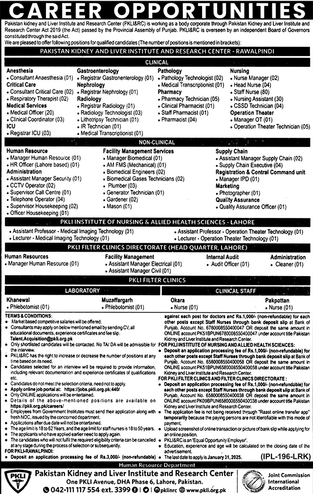 Latest Pakistan Kidney & Liver Institute & Research Centre Jobs