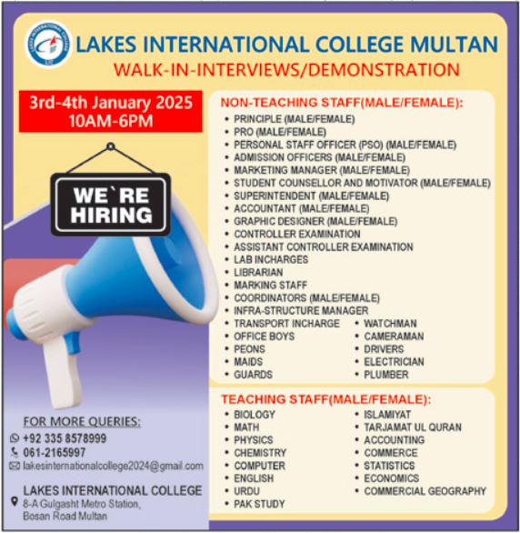 New Lakes International College Teaching & Non Teaching Jobs 2025