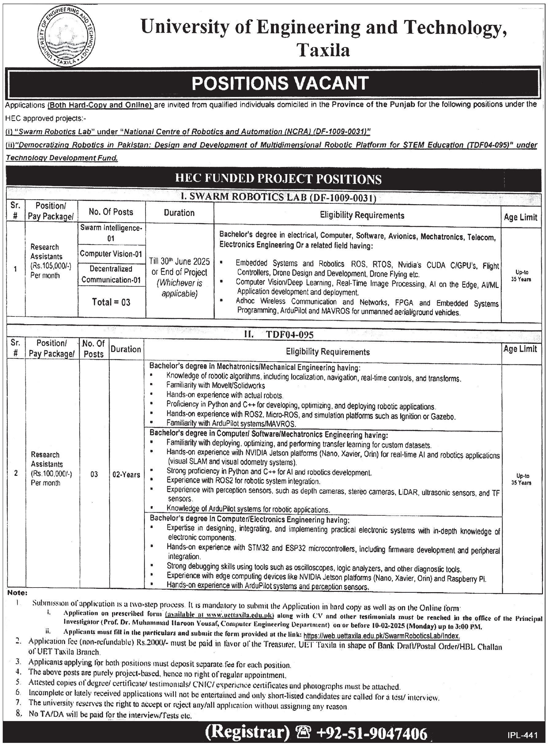 Latest University of Engineering & Technology Taxila jobs 2025