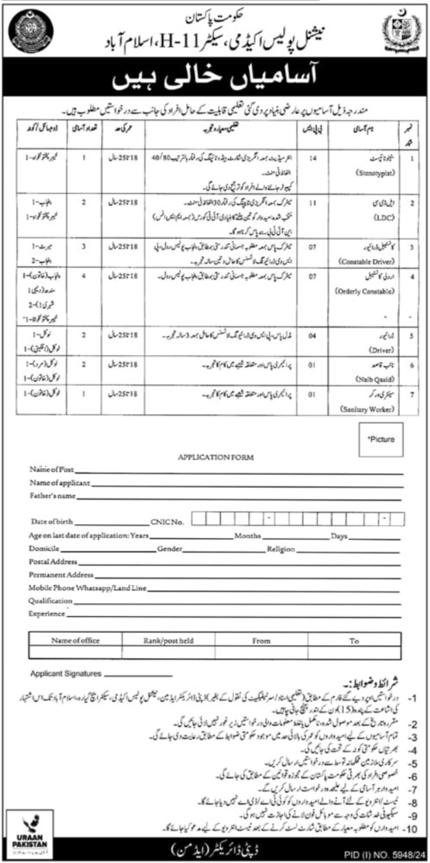 Latest National Police Academy Jobs 2025 Islamabad